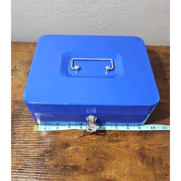 Blue Cash Box with Money Tray Storage Safe Lock Box with Key - Picture 2 of 7